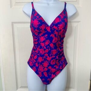 NWT Cupshe One Piece Floral Pink/Blue Swimsuit V Neck, Ruching Size Small